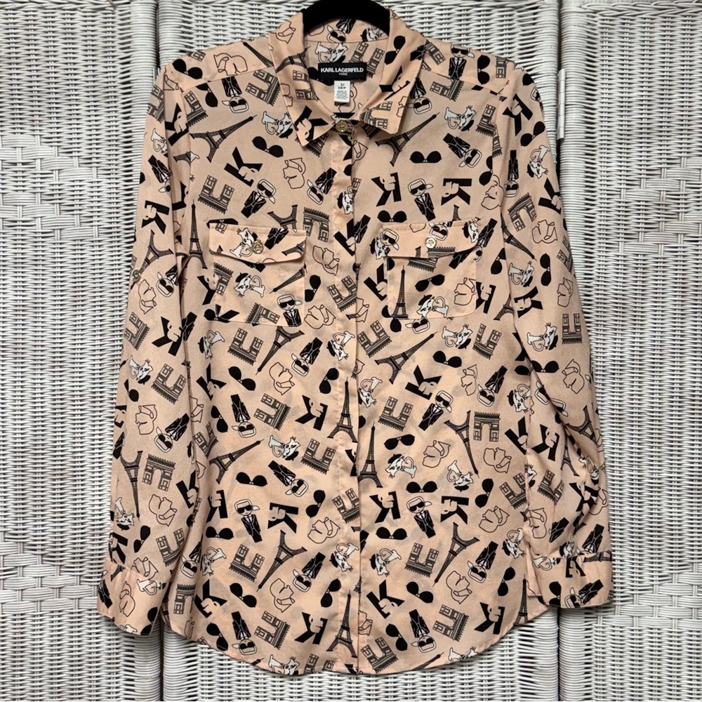 Karl Lagerfeld Paris Ballet Pink All Over Print Buttoned Down Blouse Size Small